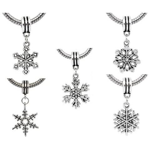 Pack of 5 Antique Silver Finish Snowflake Christmas Dangle Charm Beads