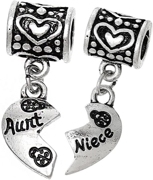 2 Piece Aunt & Niece Heart Dangle Charm Bead