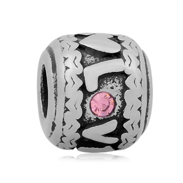 Stainless Steel Pink Rhinestone Love Charm Bead