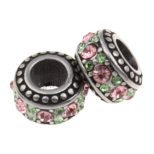 Stainless Steel Pink and Green Rhinestones Charm Bead