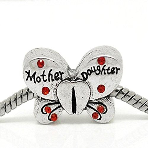 Red Rhinestone Mother Daughter Butterfly Charm Bead