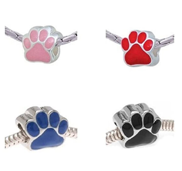 Pack of 4 Silver Tone Enamel Black, Red, Pink, And Blue Paw Charm Beads