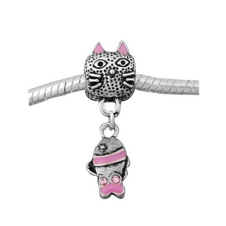 Pink Cat And Fish Dangle Charm Bead