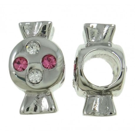 Stainless Steel Pink And Clear Rhinestone Candy Charm Bead