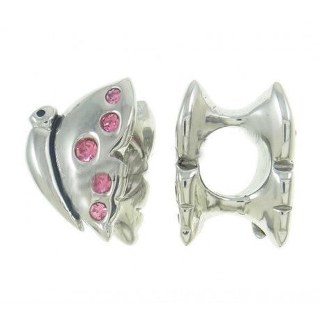 Stainless Steel Pink Rhinestone Butterfly Charm Bead